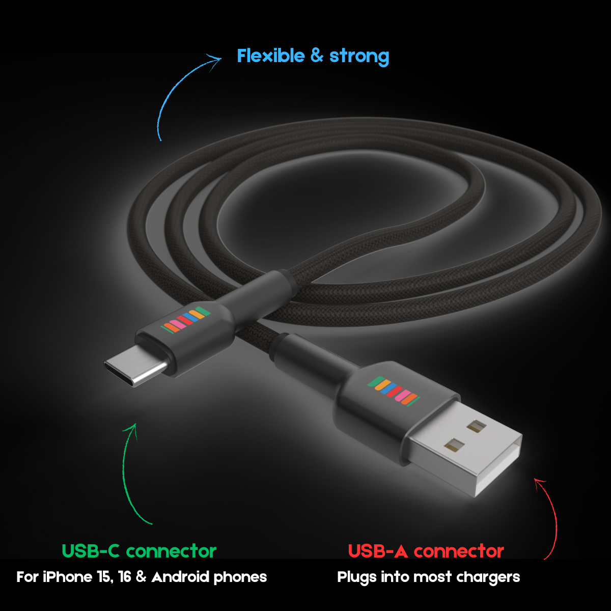 USB-A to USB-C Braided 2m Cable - Black