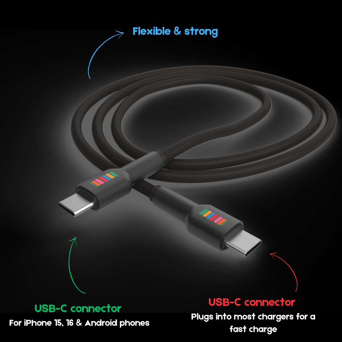 USB-C to USB-C Braided 2m Cable - Black